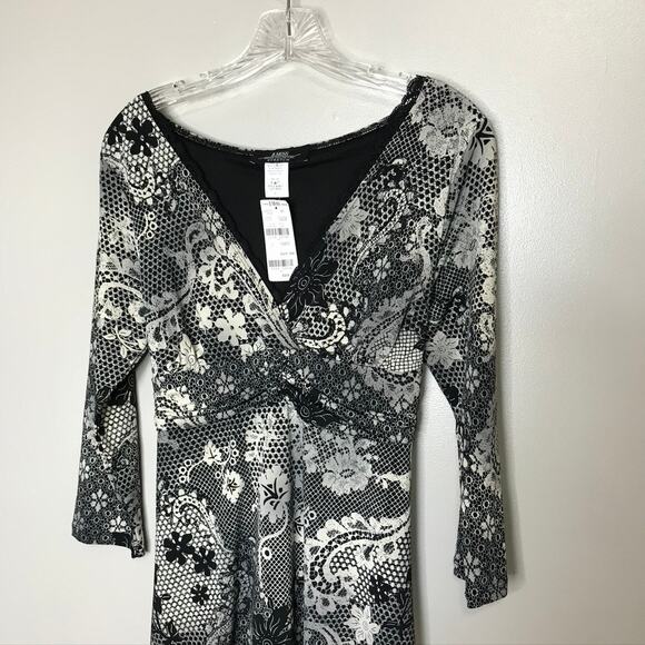 Women's NWT B.Moss Black Lace Print Dress Whimsigoth Witchcore 90s Large - Picture 2 of 8